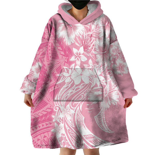 Wallis And Futuna Wearable Blanket Hoodie Plumeria Flowers With Red Polynesian Pattern LT14 main image 1