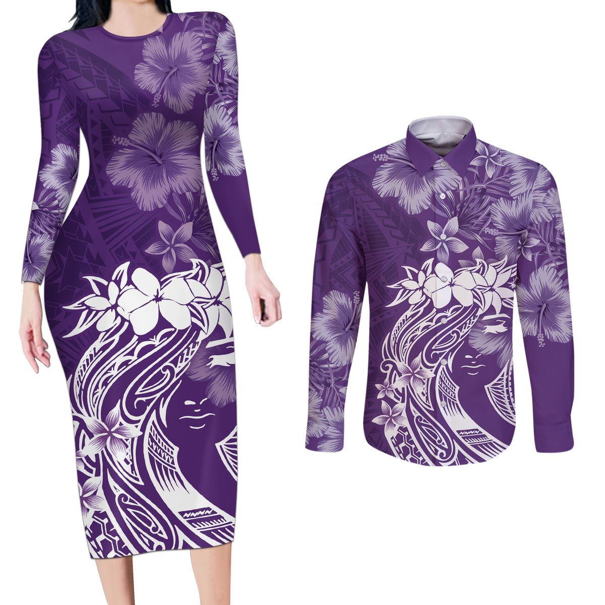 Polynesian Women's Day Couples Matching Long Sleeve Bodycon Dress and Long Sleeve Button Shirt Plumeria Passion - Purple LT7 Purple - Polynesian Pride