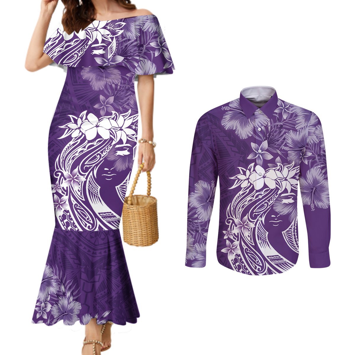 Polynesian Women's Day Couples Matching Mermaid Dress and Long Sleeve Button Shirt Plumeria Passion - Purple LT7 Purple - Polynesian Pride