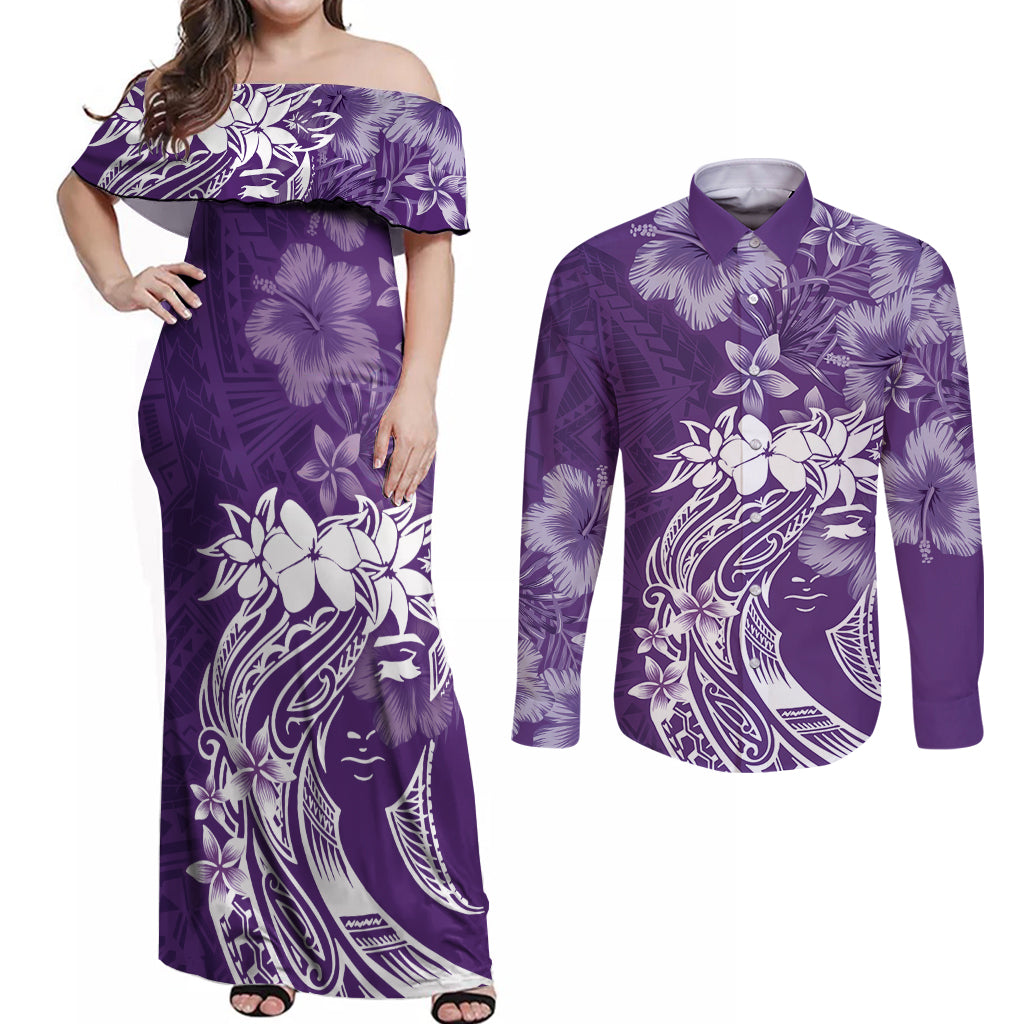 Polynesian Women's Day Couples Matching Off Shoulder Maxi Dress and Long Sleeve Button Shirt Plumeria Passion - Purple LT7 Purple - Polynesian Pride