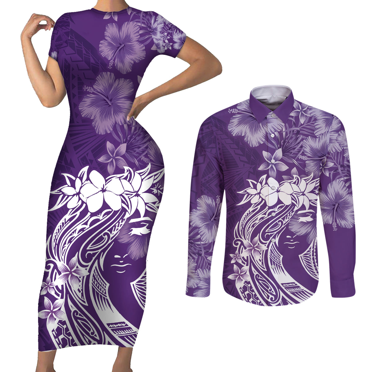 Polynesian Women's Day Couples Matching Short Sleeve Bodycon Dress and Long Sleeve Button Shirt Plumeria Passion - Purple LT7 Purple - Polynesian Pride