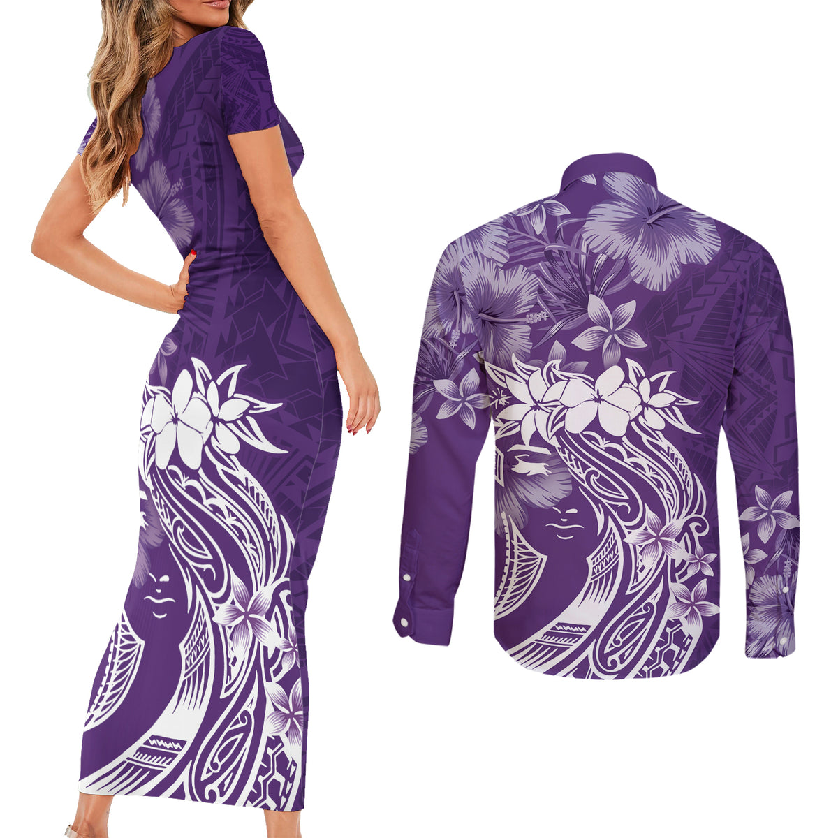 Polynesian Women's Day Couples Matching Short Sleeve Bodycon Dress and Long Sleeve Button Shirt Plumeria Passion - Purple LT7 - Polynesian Pride
