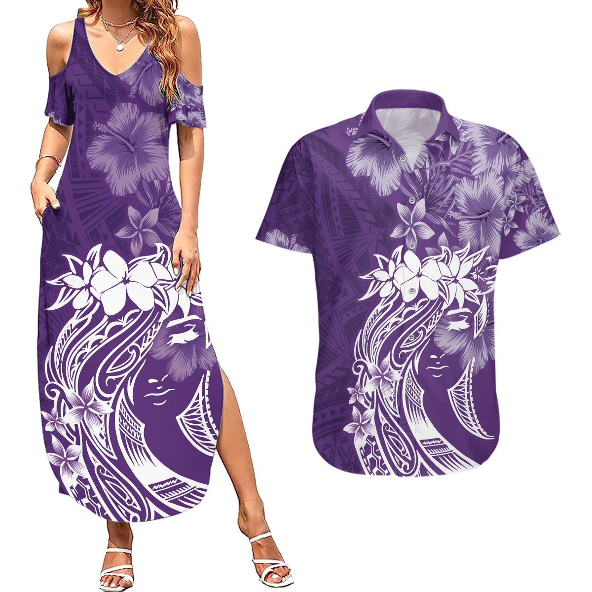 Polynesian Women's Day Couples Matching Summer Maxi Dress and Hawaiian Shirt Plumeria Passion - Purple LT7 Purple - Polynesian Pride