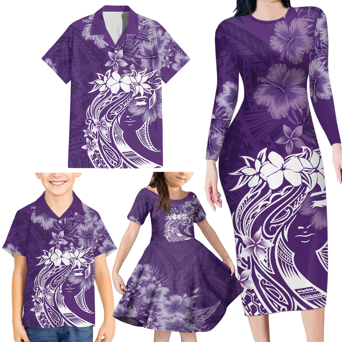 Polynesian Women's Day Family Matching Long Sleeve Bodycon Dress and Hawaiian Shirt Plumeria Passion - Purple LT7 - Polynesian Pride