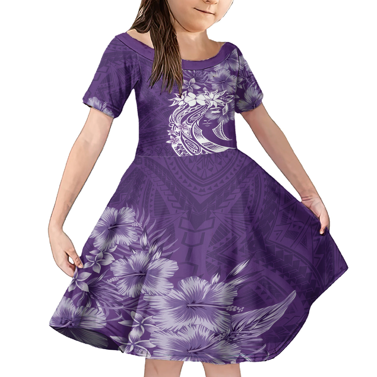 Polynesian Women's Day Family Matching Short Sleeve Bodycon Dress and Hawaiian Shirt Plumeria Passion - Purple LT7 Daughter's Dress Purple - Polynesian Pride