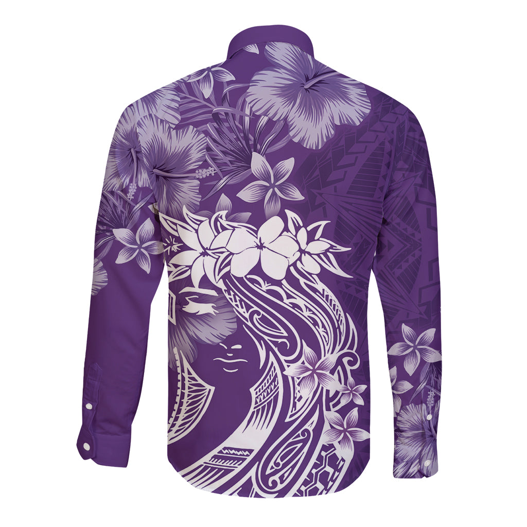 Polynesian Women's Day Long Sleeve Button Shirt Plumeria Passion - Purple LT7 - Polynesian Pride