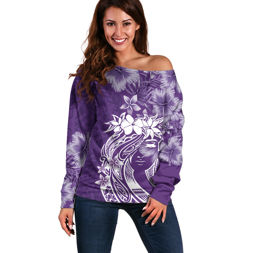Polynesian Women's Day Off Shoulder Sweater Plumeria Passion - Purple LT7 Women Purple - Polynesian Pride