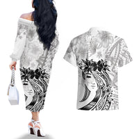 Polynesian Women's Day Couples Matching Off The Shoulder Long Sleeve Dress and Hawaiian Shirt Plumeria Passion - White LT7 - Polynesian Pride