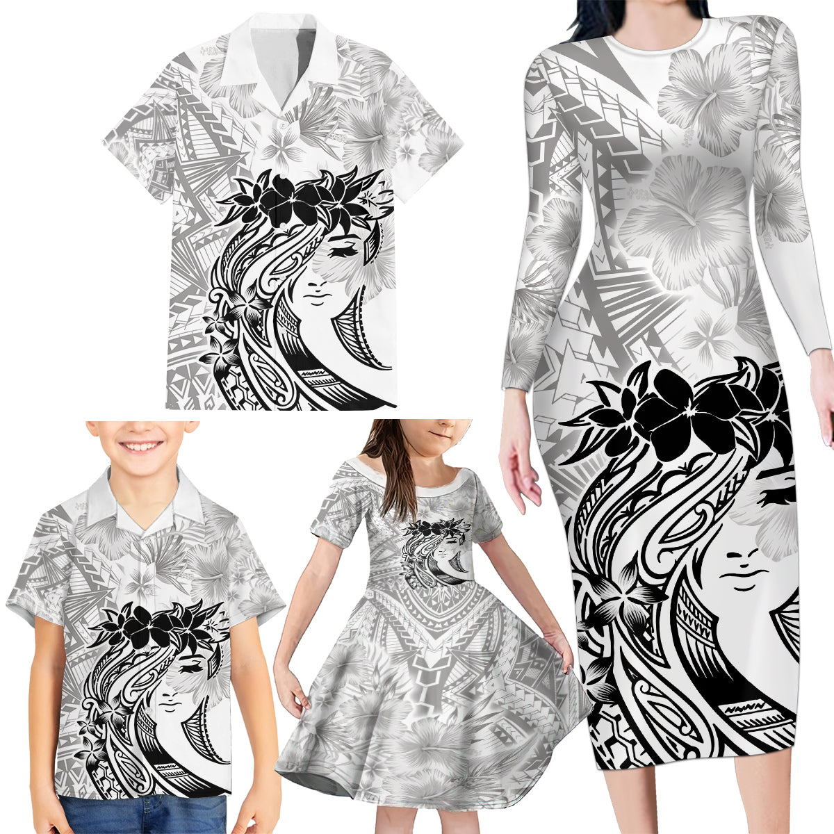 Polynesian Women's Day Family Matching Long Sleeve Bodycon Dress and Hawaiian Shirt Plumeria Passion - White LT7 - Polynesian Pride