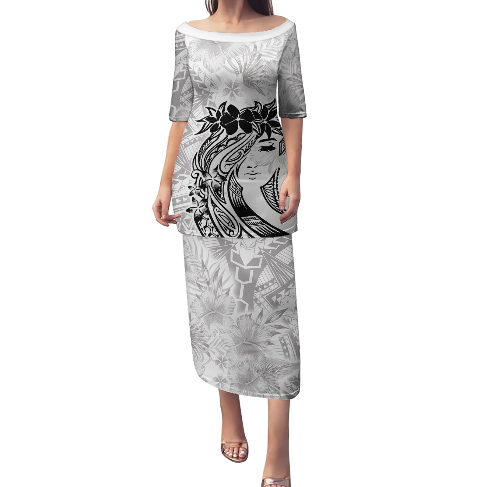 Polynesian Women's Day Puletasi Plumeria Passion - White LT7 Long Dress White - Polynesian Pride
