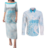 Polynesian Women's Day Couples Matching Puletasi and Long Sleeve Button Shirt Plumeria Passion - Turquoise LT7 Turquoise - Polynesian Pride