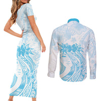 Polynesian Women's Day Couples Matching Short Sleeve Bodycon Dress and Long Sleeve Button Shirt Plumeria Passion - Turquoise LT7 - Polynesian Pride