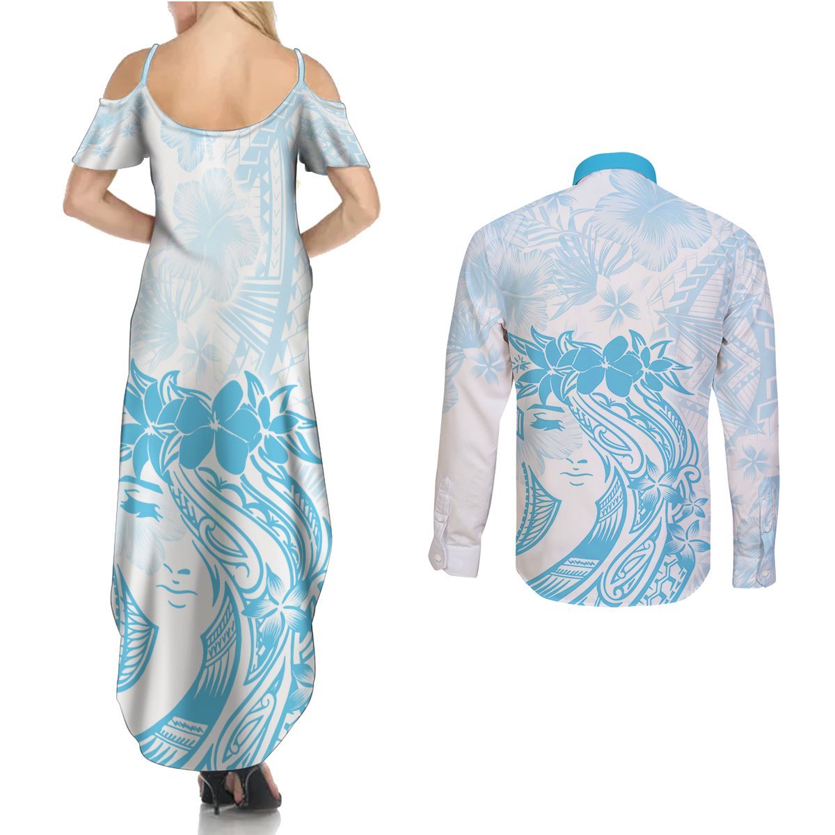 Polynesian Women's Day Couples Matching Summer Maxi Dress and Long Sleeve Button Shirt Plumeria Passion - Turquoise LT7 - Polynesian Pride