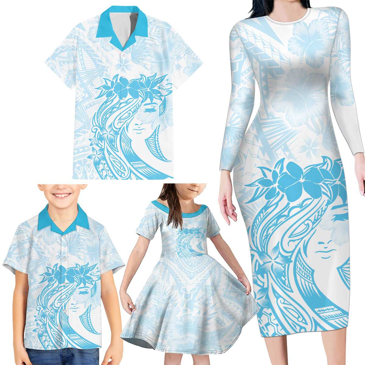 Polynesian Women's Day Family Matching Long Sleeve Bodycon Dress and Hawaiian Shirt Plumeria Passion - Turquoise LT7 - Polynesian Pride