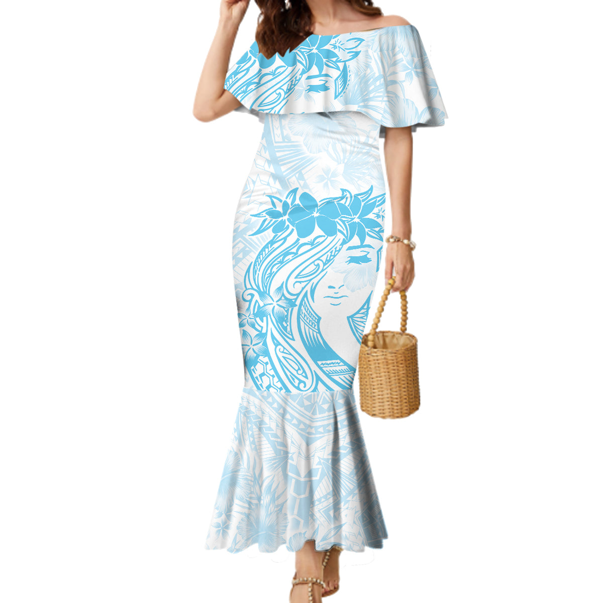 Polynesian Women's Day Family Matching Mermaid Dress and Hawaiian Shirt Plumeria Passion - Turquoise LT7 Mom's Dress Turquoise - Polynesian Pride