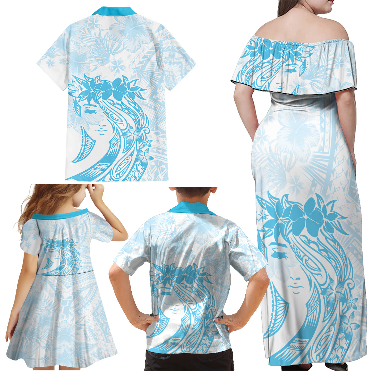 Polynesian Women's Day Family Matching Off Shoulder Maxi Dress and Hawaiian Shirt Plumeria Passion - Turquoise LT7 - Polynesian Pride