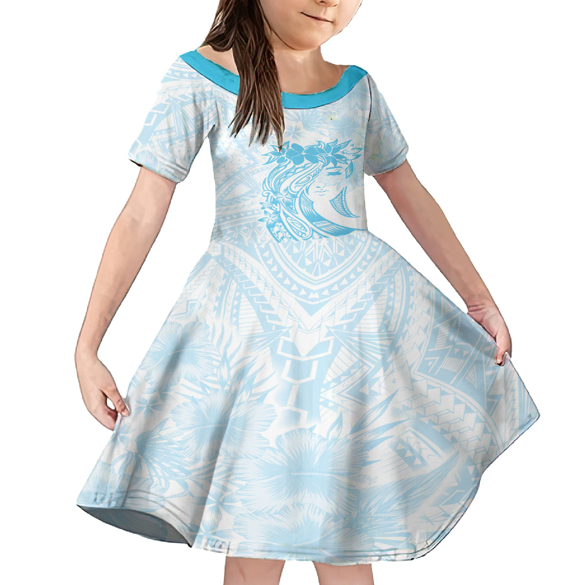 Polynesian Women's Day Kid Short Sleeve Dress Plumeria Passion - Turquoise LT7 KID Turquoise - Polynesian Pride