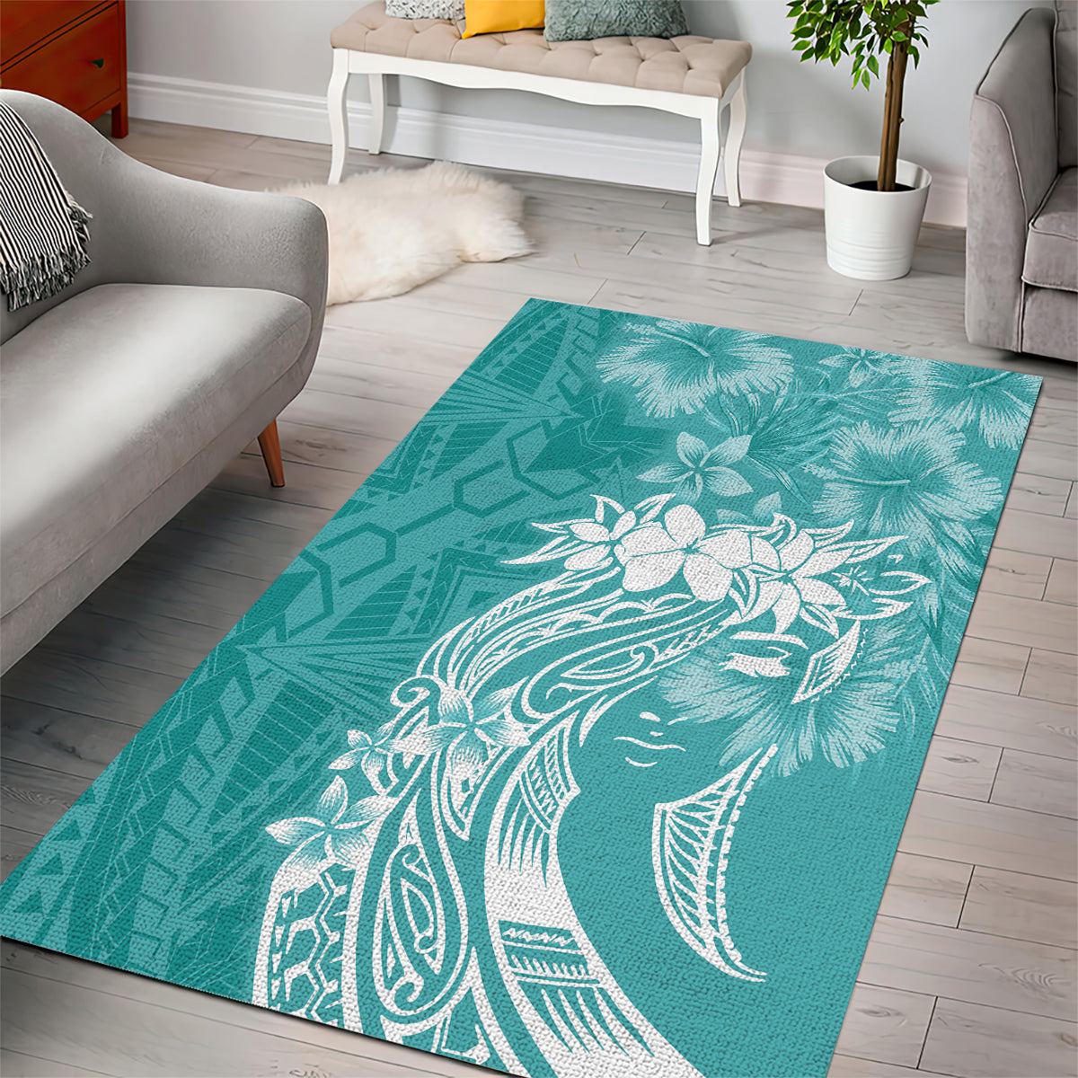 Polynesian Women's Day Area Rug Plumeria Passion - Teal LT7 - Polynesian Pride