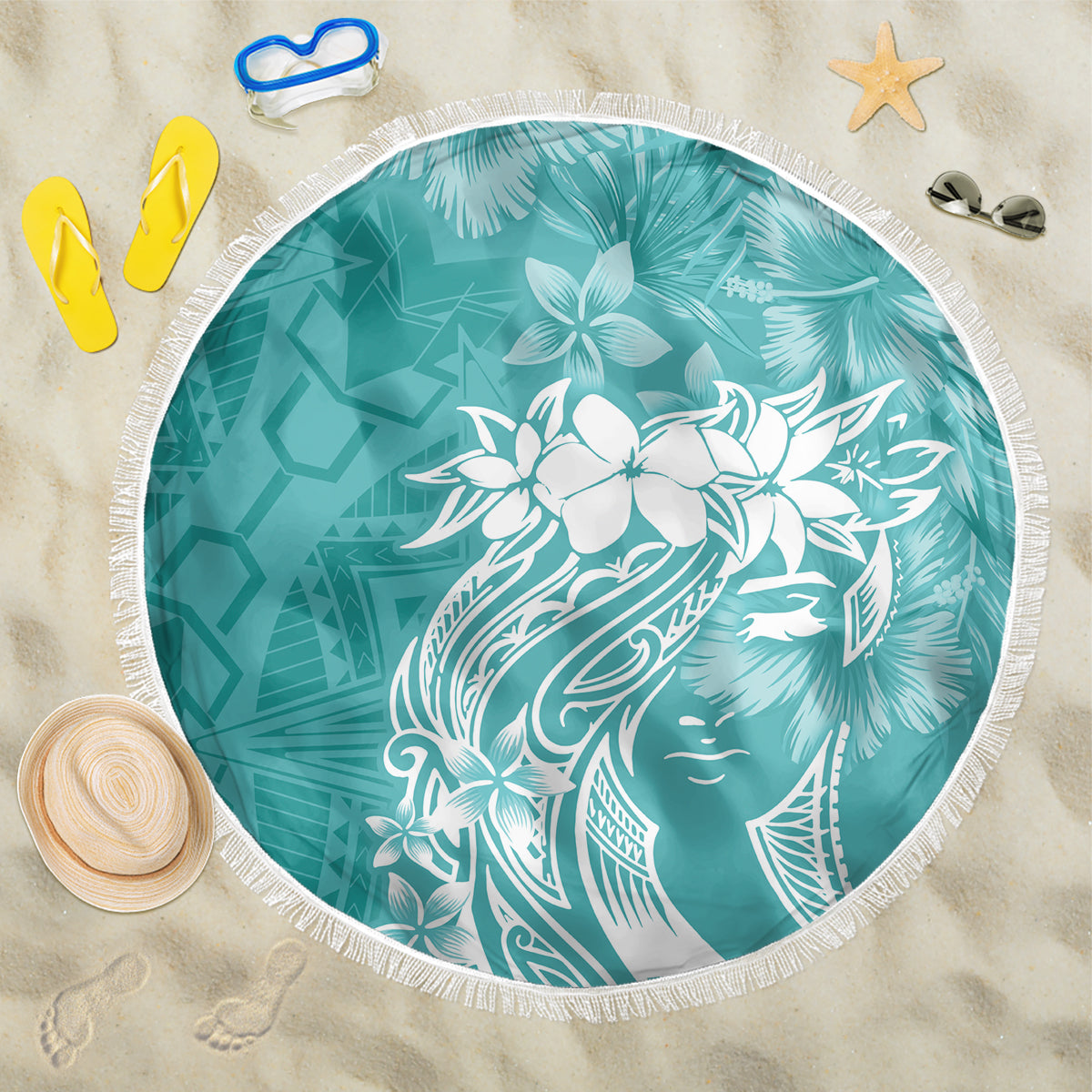 Polynesian Women's Day Beach Blanket Plumeria Passion - Teal LT7 One Size 150cm Teal - Polynesian Pride
