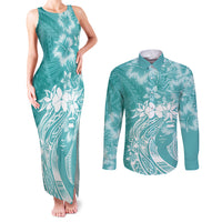 Polynesian Women's Day Couples Matching Tank Maxi Dress and Long Sleeve Button Shirt Plumeria Passion - Teal LT7 Teal - Polynesian Pride