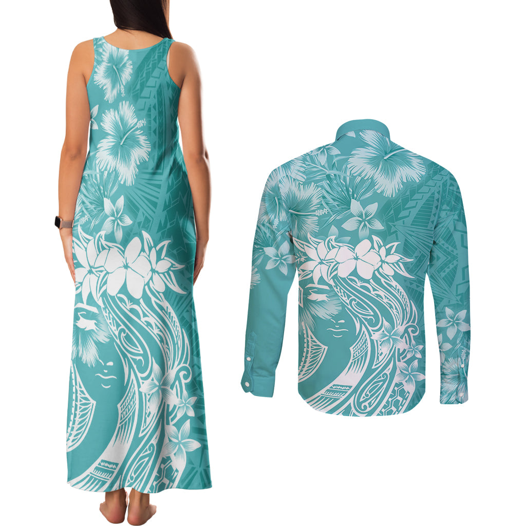 Polynesian Women's Day Couples Matching Tank Maxi Dress and Long Sleeve Button Shirt Plumeria Passion - Teal LT7 - Polynesian Pride