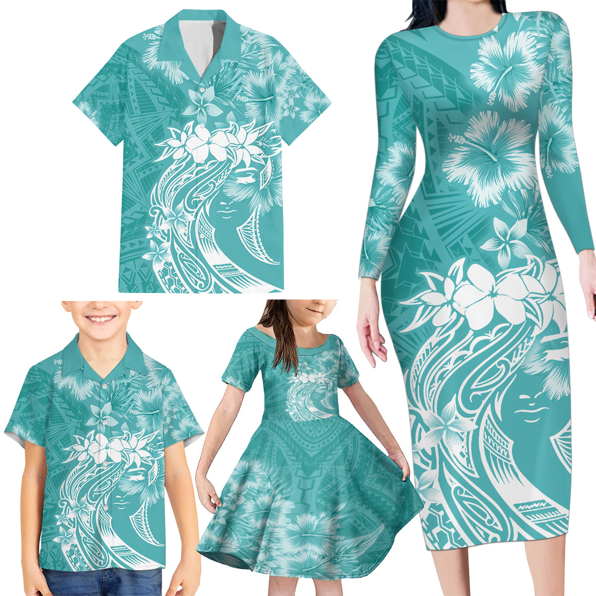 Polynesian Women's Day Family Matching Long Sleeve Bodycon Dress and Hawaiian Shirt Plumeria Passion - Teal LT7 - Polynesian Pride