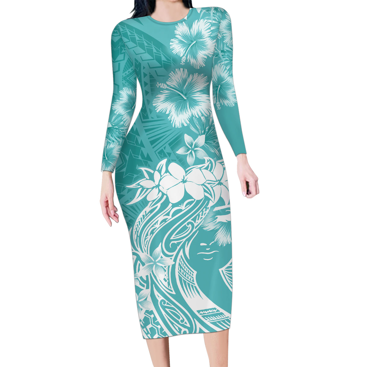 Polynesian Women's Day Family Matching Long Sleeve Bodycon Dress and Hawaiian Shirt Plumeria Passion - Teal LT7 Mom's Dress Teal - Polynesian Pride