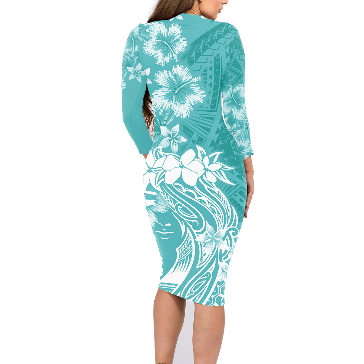 Polynesian Women's Day Family Matching Long Sleeve Bodycon Dress and Hawaiian Shirt Plumeria Passion - Teal LT7 - Polynesian Pride