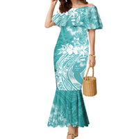 Polynesian Women's Day Family Matching Mermaid Dress and Hawaiian Shirt Plumeria Passion - Teal LT7 Mom's Dress Teal - Polynesian Pride