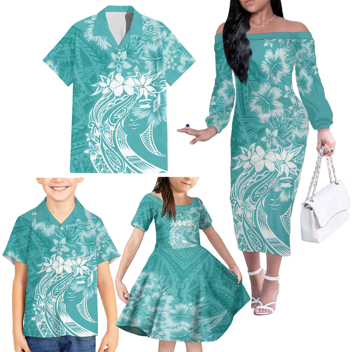 Polynesian Women's Day Family Matching Off Shoulder Long Sleeve Dress and Hawaiian Shirt Plumeria Passion - Teal LT7 - Polynesian Pride