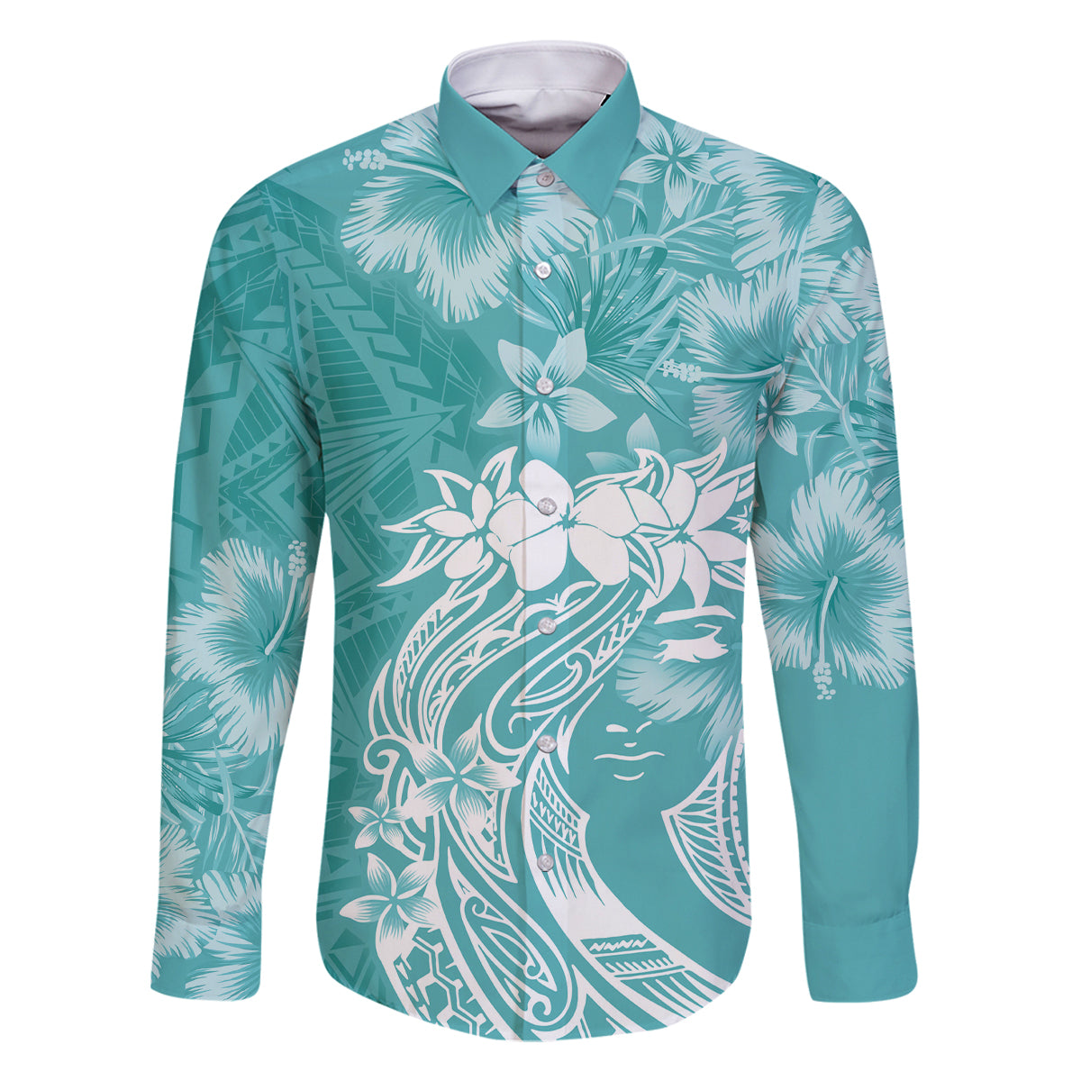 Polynesian Women's Day Family Matching Off Shoulder Maxi Dress and Hawaiian Shirt Plumeria Passion - Teal LT7 Dad's Shirt - Long Sleeve Teal - Polynesian Pride