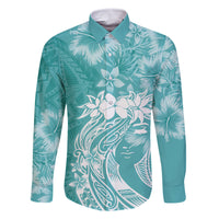 Polynesian Women's Day Family Matching Tank Maxi Dress and Hawaiian Shirt Plumeria Passion - Teal LT7 Dad's Shirt - Long Sleeve Teal - Polynesian Pride