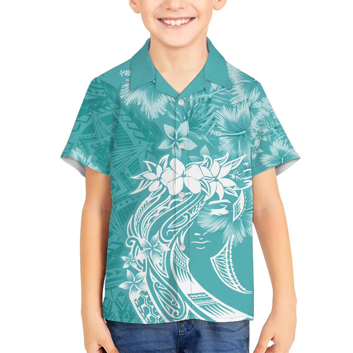 Polynesian Women's Day Kid Hawaiian Shirt Plumeria Passion - Teal LT7 Kid Teal - Polynesian Pride