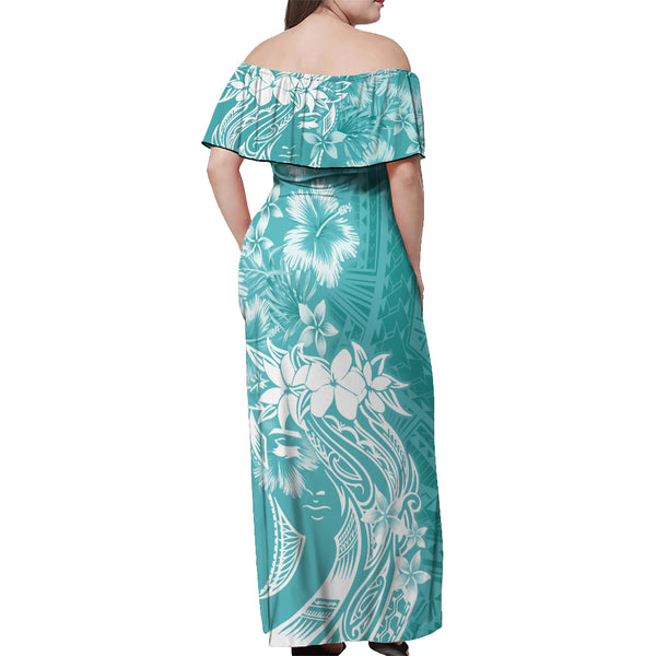 Polynesian Women's Day Off Shoulder Maxi Dress Plumeria Passion - Teal LT7