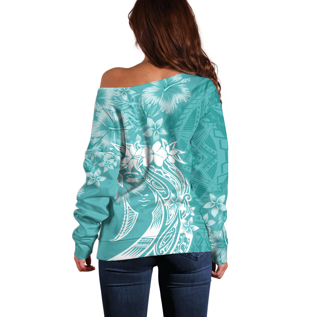 Polynesian Women's Day Off Shoulder Sweater Plumeria Passion - Teal LT7 - Polynesian Pride