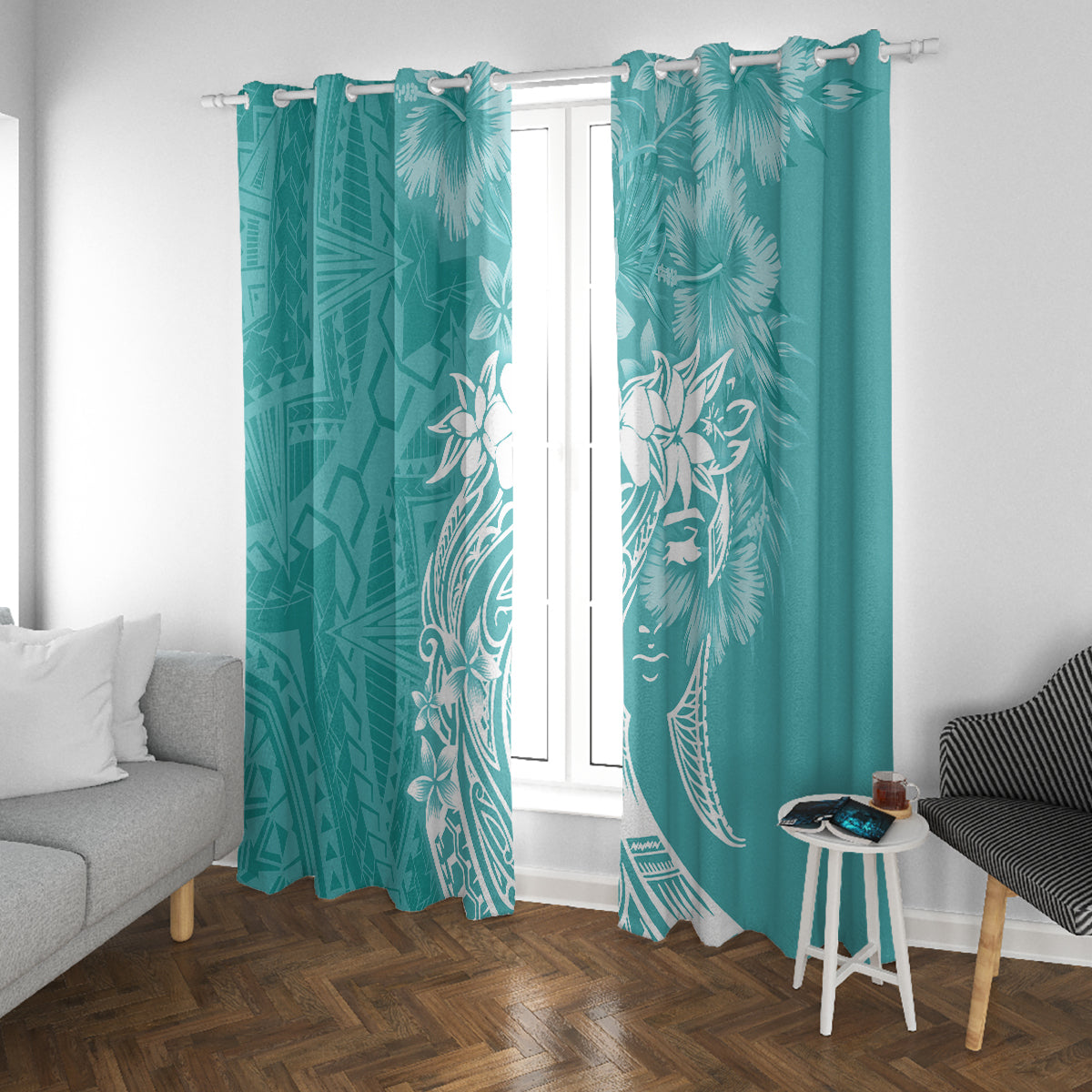 Polynesian Women's Day Window Curtain Plumeria Passion - Teal LT7 With Grommets Teal - Polynesian Pride