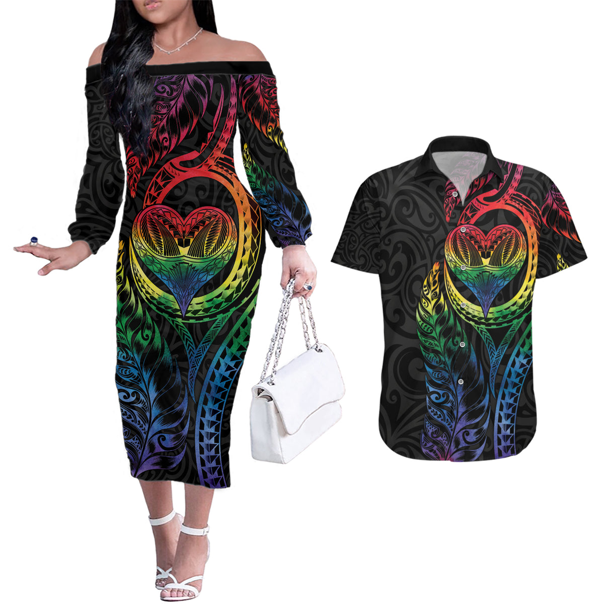 New Zealand Pride Couples Matching Off The Shoulder Long Sleeve Dress and Hawaiian Shirt Takatapui Rainbow Fern