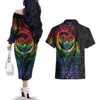 New Zealand Pride Couples Matching Off The Shoulder Long Sleeve Dress and Hawaiian Shirt Takatapui Rainbow Fern
