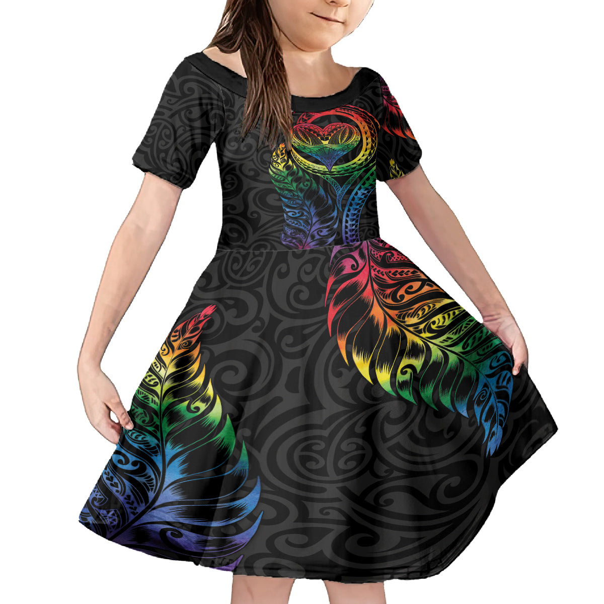 New Zealand Pride Family Matching Long Sleeve Bodycon Dress and Hawaiian Shirt Takatapui Rainbow Fern LT7 Daughter's Dress Colorful - Polynesian Pride