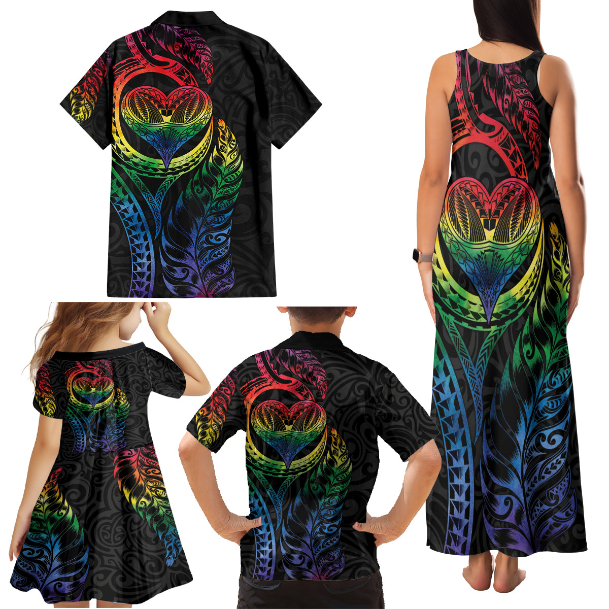 New Zealand Pride Family Matching Tank Maxi Dress and Hawaiian Shirt Takatapui Rainbow Fern