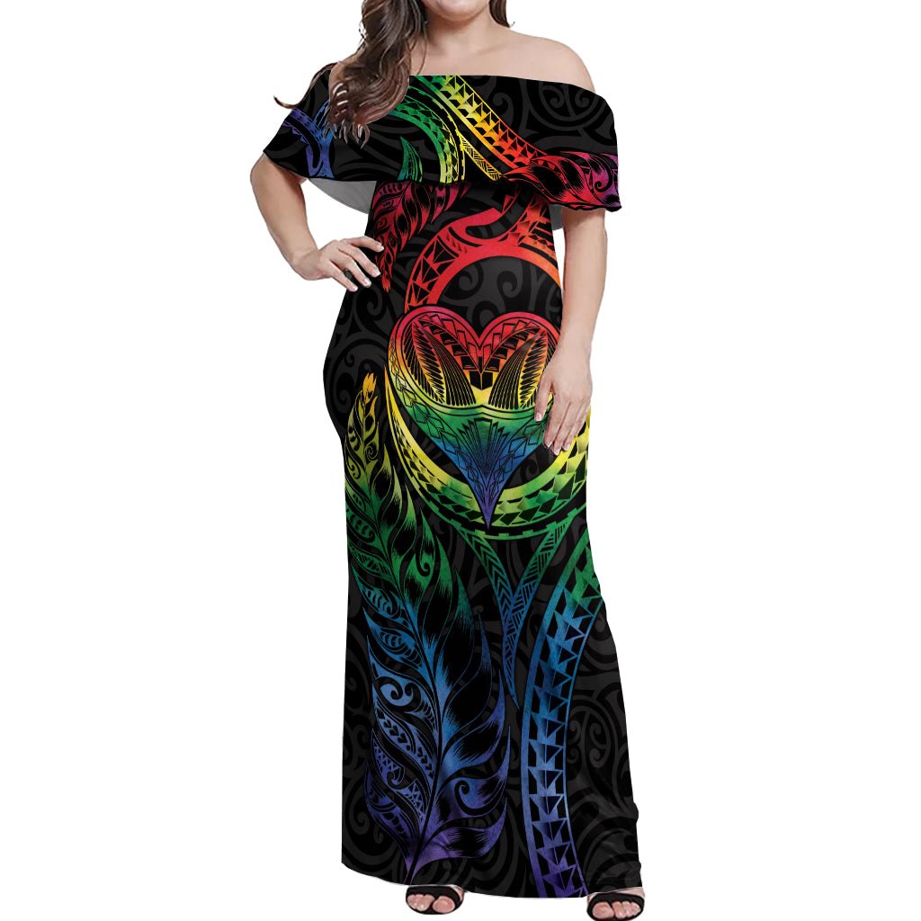 New Zealand Pride Off Shoulder Maxi Dress Takatapui Rainbow Fern LT7 Women Colorful - Polynesian Pride