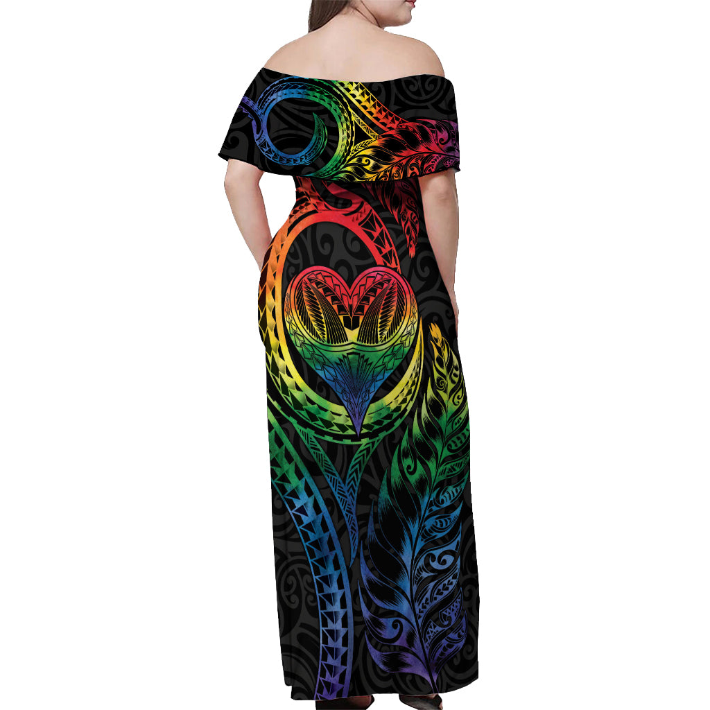 New Zealand Pride Off Shoulder Maxi Dress Takatapui Rainbow Fern LT7 - Polynesian Pride