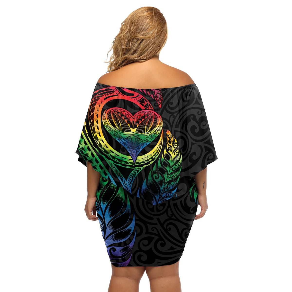 New Zealand Pride Off Shoulder Short Dress Takatapui Rainbow Fern LT7 - Polynesian Pride