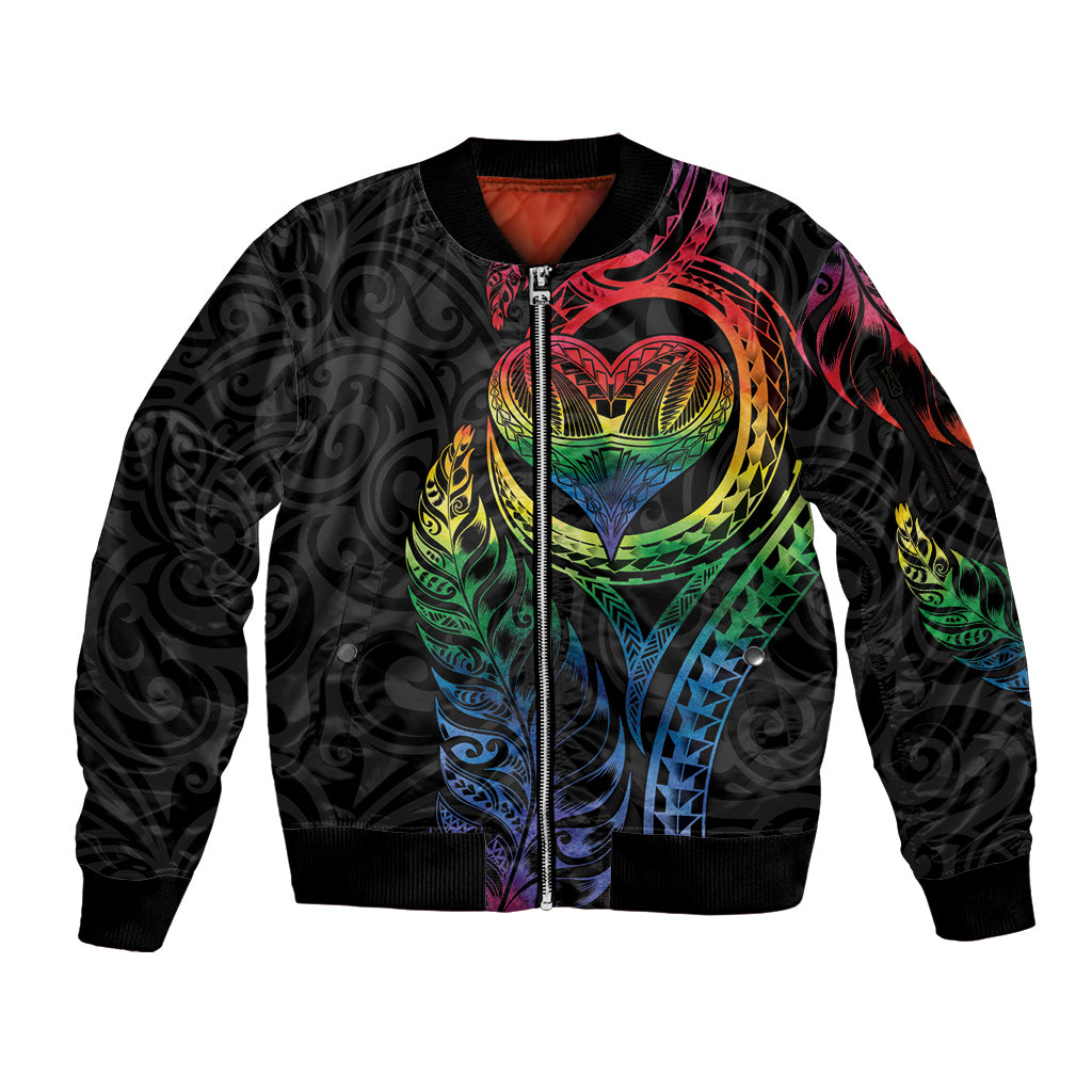 New Zealand Pride Sleeve Zip Bomber Jacket Takatapui Rainbow Fern LT7 Unisex Colorful - Polynesian Pride