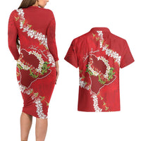 Hawaii Island Flowers Lei Couples Matching Long Sleeve Bodycon Dress and Hawaiian Shirt Ohia Lehua Scarlet Red