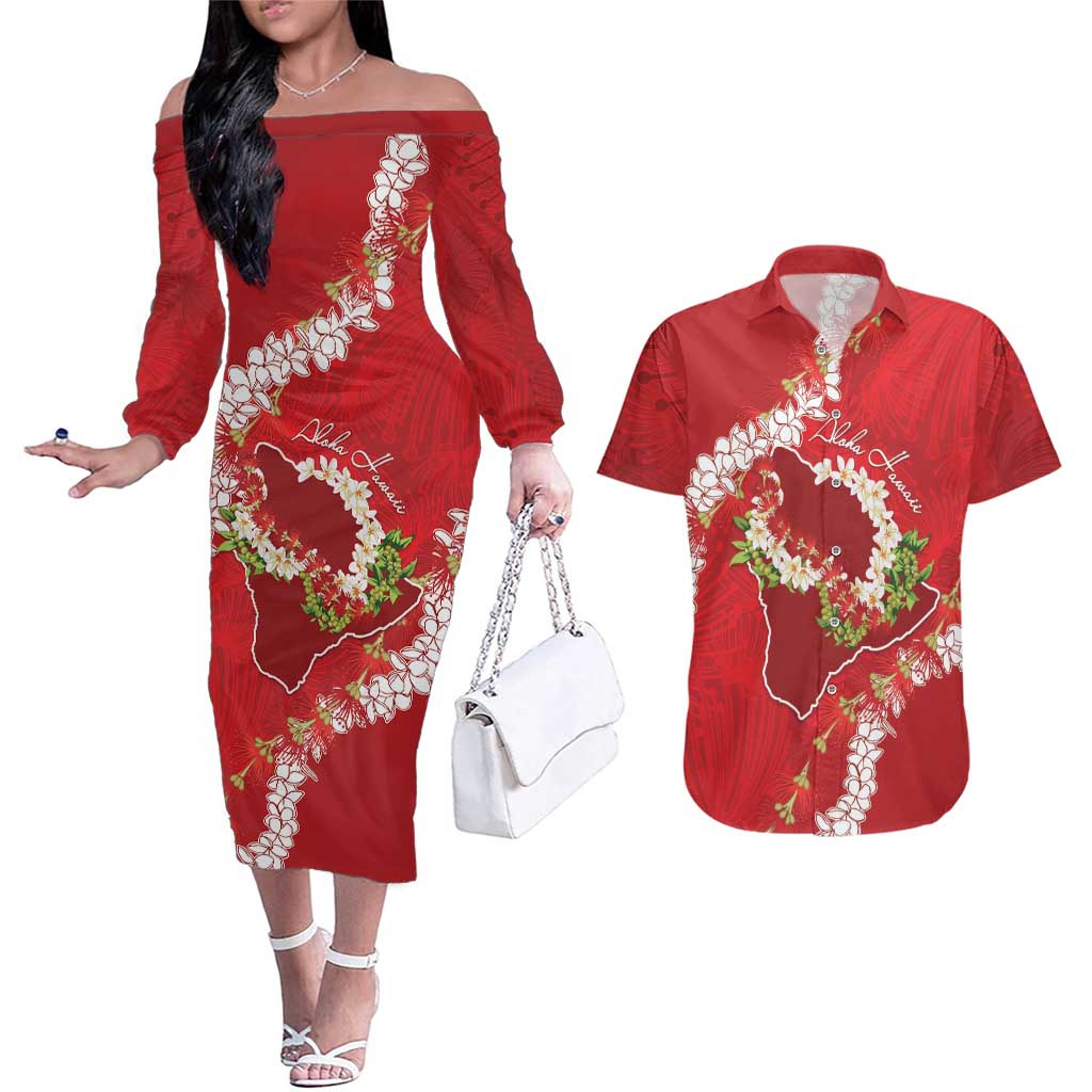 Hawaii Island Flowers Lei Couples Matching Off The Shoulder Long Sleeve Dress and Hawaiian Shirt Ohia Lehua Scarlet Red