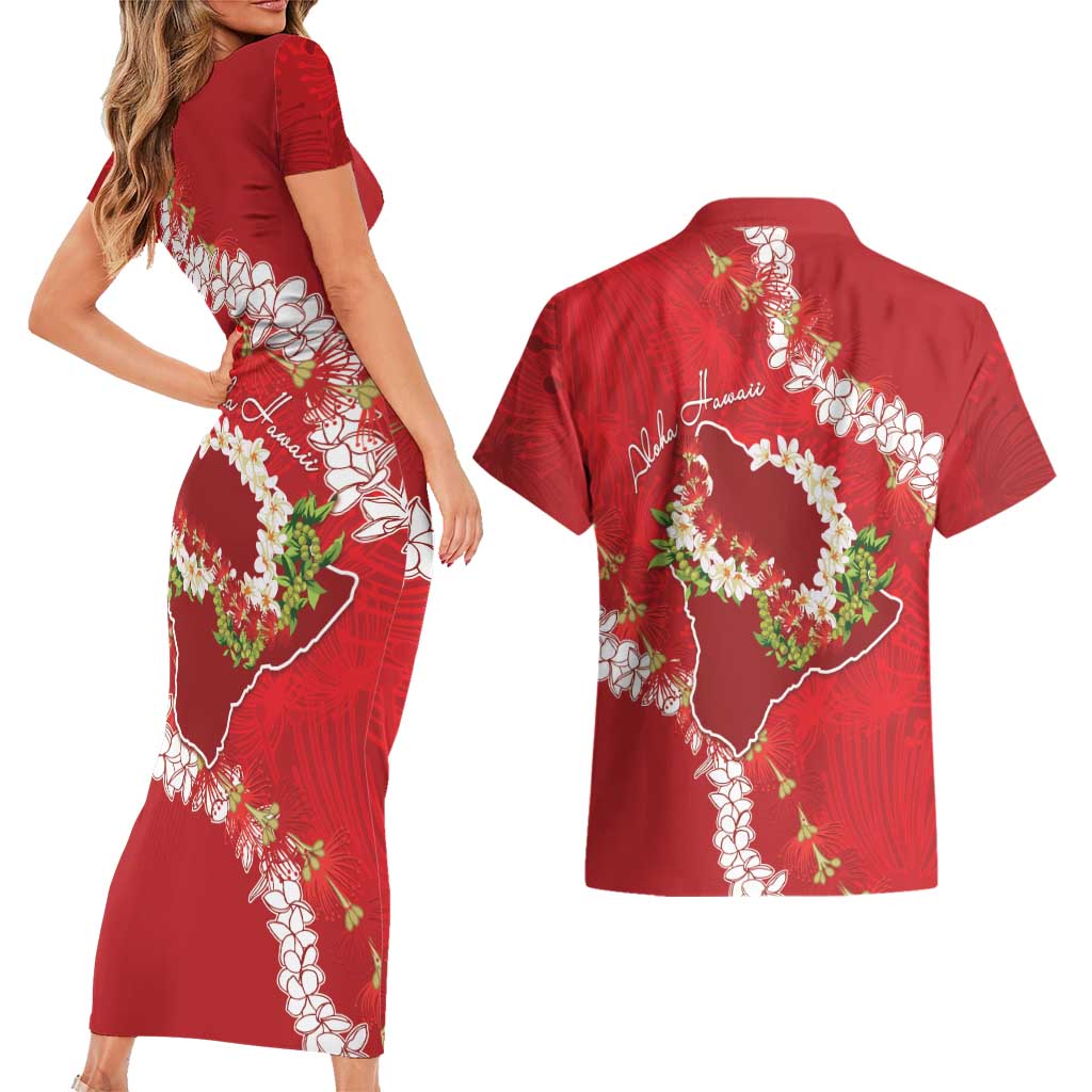 Hawaii Island Flowers Lei Couples Matching Short Sleeve Bodycon Dress and Hawaiian Shirt Ohia Lehua Scarlet Red