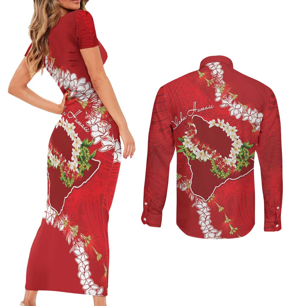 Hawaii Island Flowers Lei Couples Matching Short Sleeve Bodycon Dress and Long Sleeve Button Shirt Ohia Lehua Scarlet Red