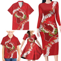 Hawaii Island Flowers Lei Family Matching Long Sleeve Bodycon Dress and Hawaiian Shirt Ohia Lehua Scarlet Red