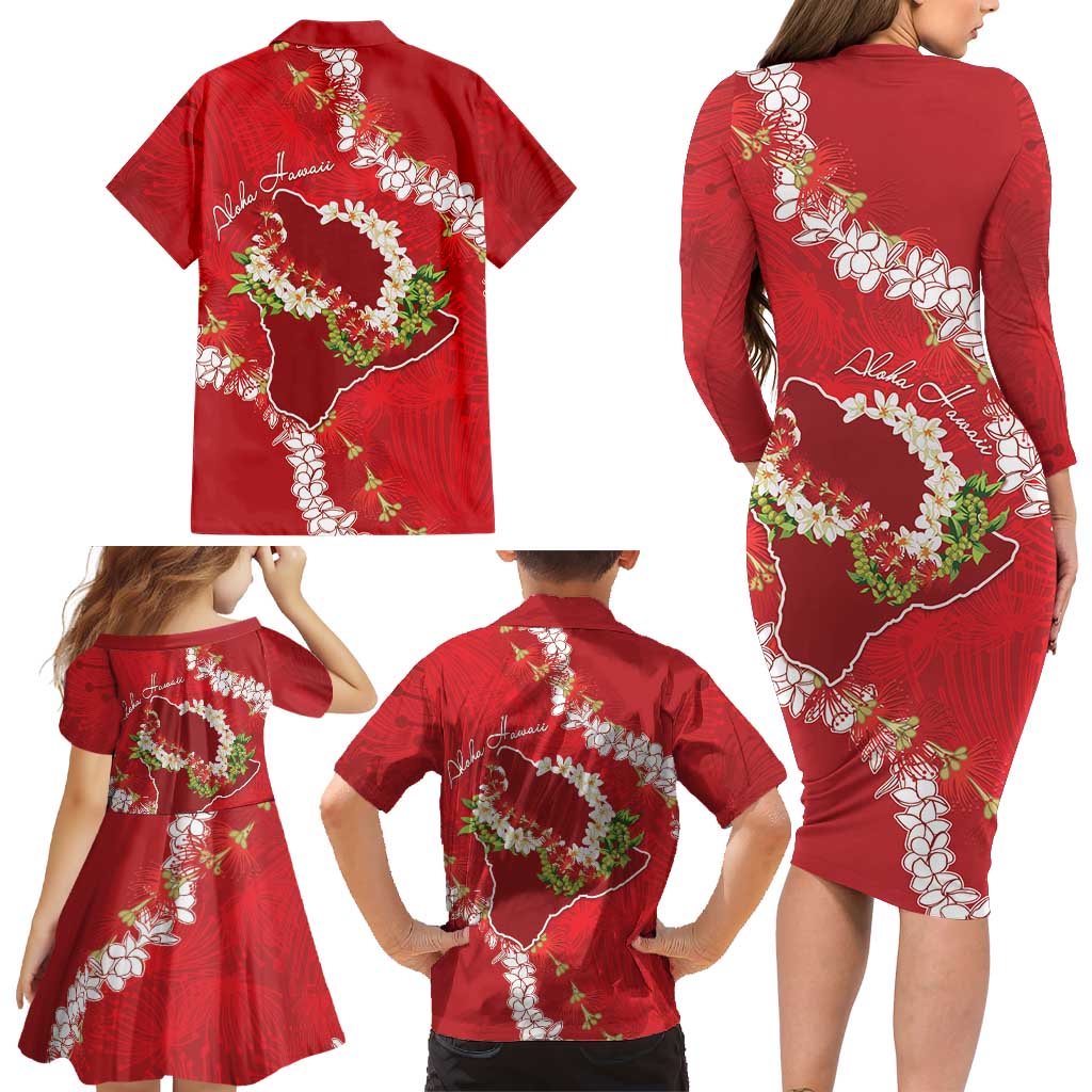 Hawaii Island Flowers Lei Family Matching Long Sleeve Bodycon Dress and Hawaiian Shirt Ohia Lehua Scarlet Red